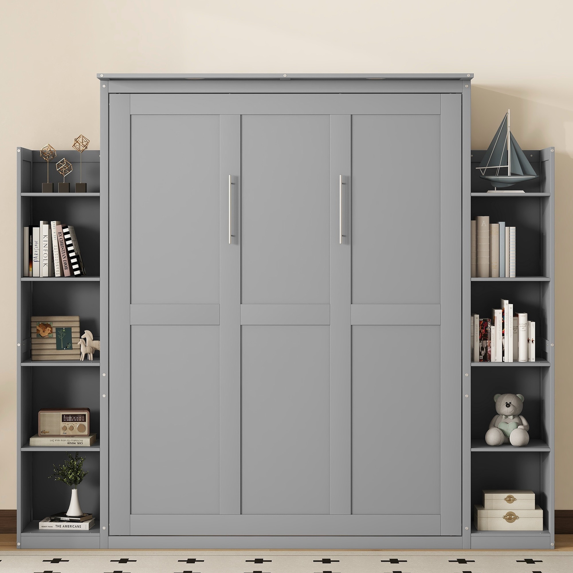 Queen Wall Bed Murphy Bed Cabinet Bed Space Saving Mattress Hide Away BedHolder with 10 Shelves and LED Lights - Grey