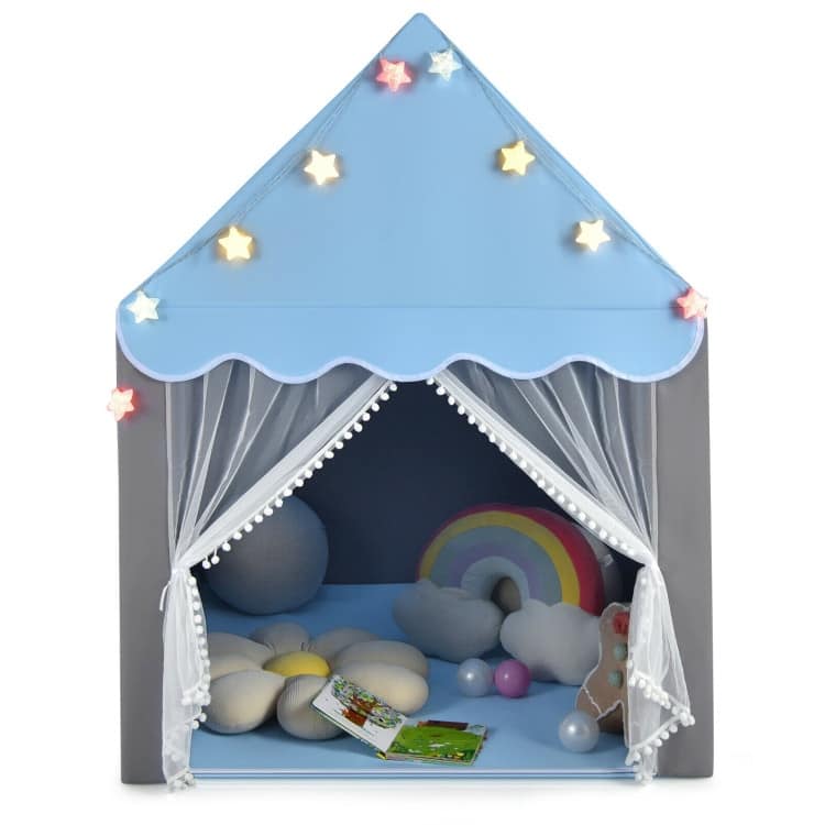 Kids Playhouse Tent with Star Lights and Mat-Blue - 41.5" x 48" x 53.5" (L x W x H)