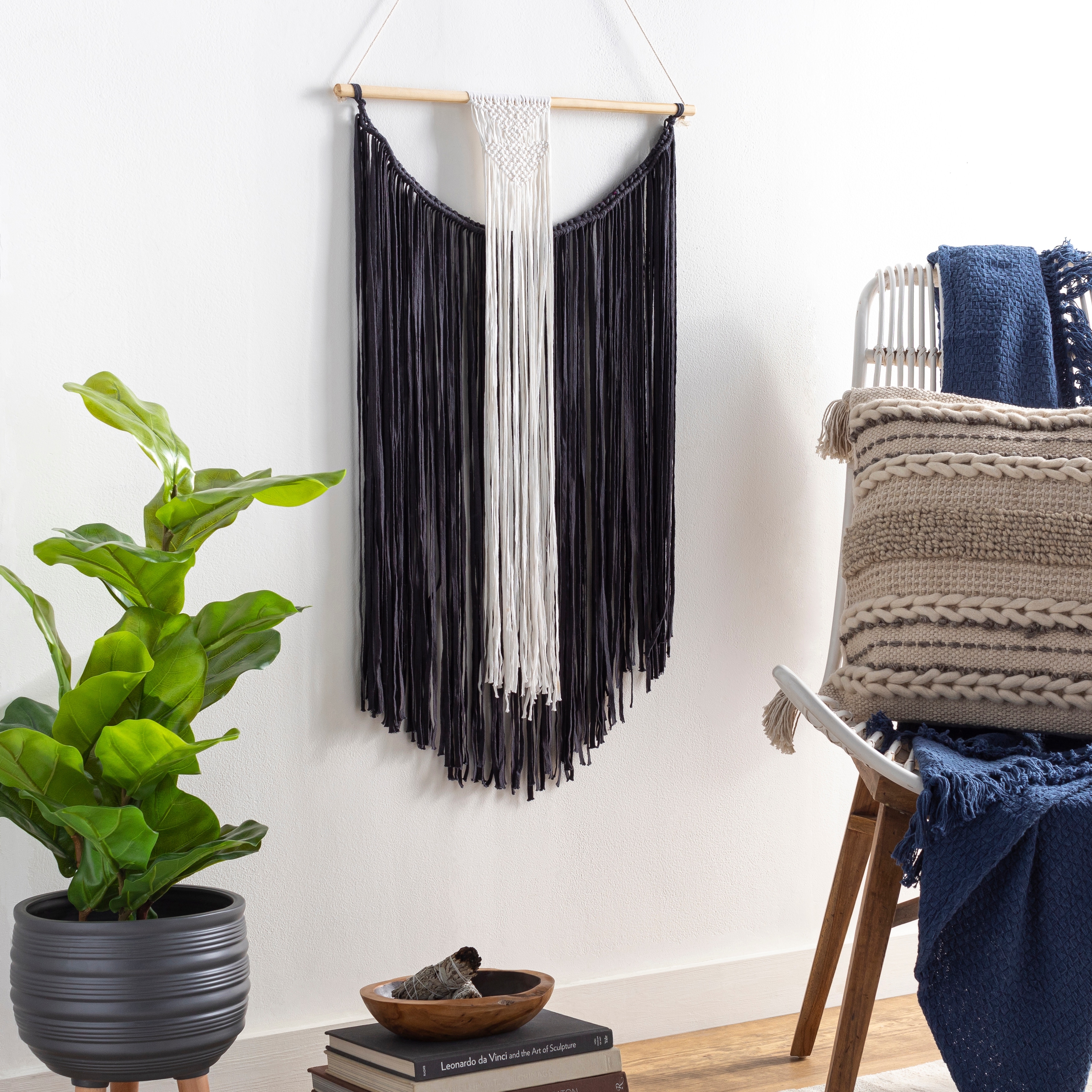 Caio Dark Blue Long Fringe Wall Hanging - 31"H x 22"W