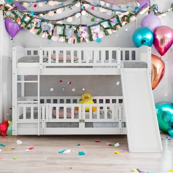 slide 2 of 12, Twin Over Twin Low Bunk Bed with Slide, with Fence and Ladder for Toddler Kids Teens White