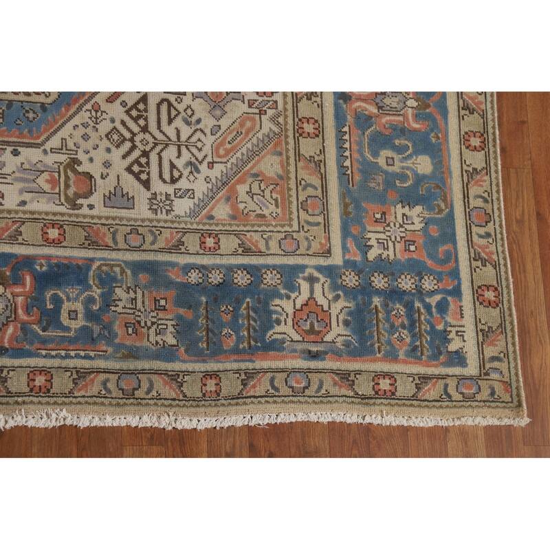 Blue Tabriz Vintage Persian Rug Handmade Wool Carpet - 9'10" x 12'9"