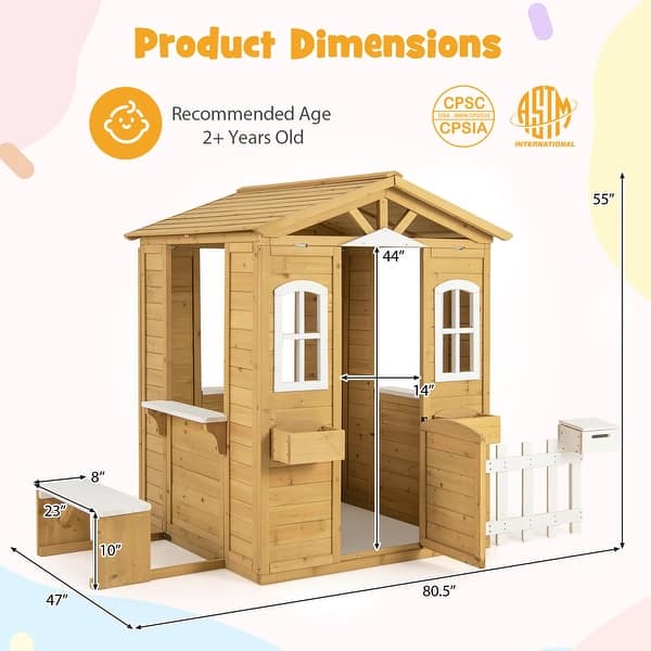 Natural Fir Wood Kids Playhouse with White Windows, Bench and Flowerpot Holders - 80.5" L x 47" W x 55" H