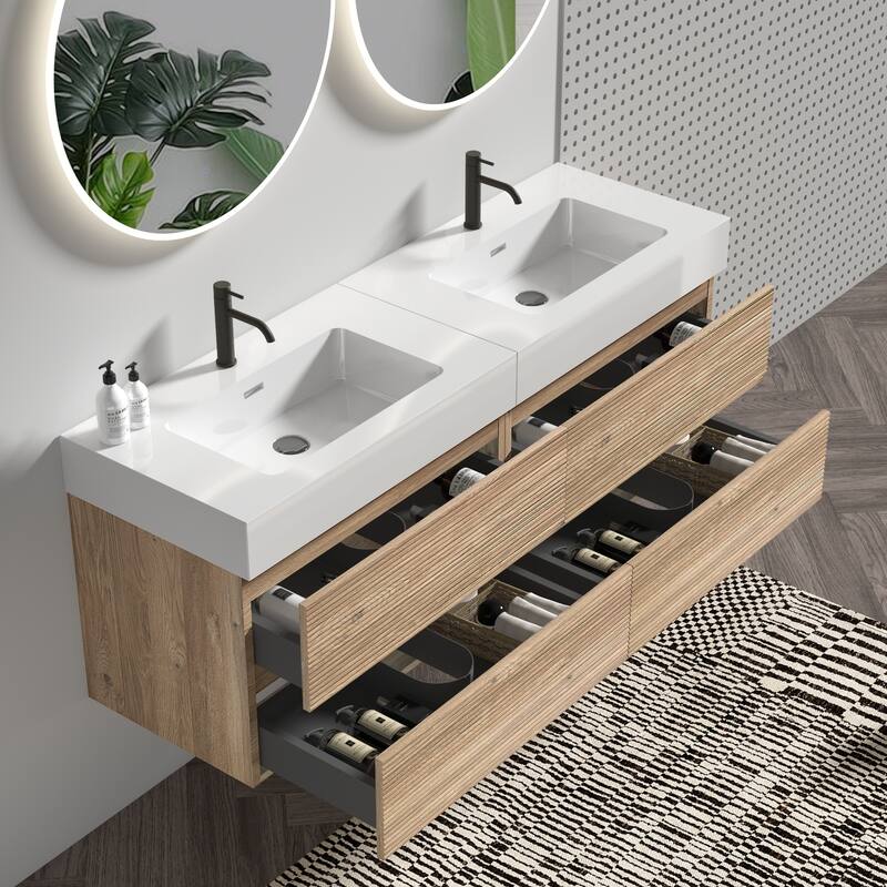 GDFStudio - Grace Wall-Mounted Bathroom Vanity with Engineered Quartz Sink & Soft Close Drawers, without Drainage and Faucet