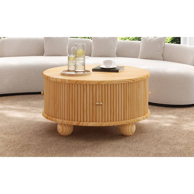 31.8" Round Fluted Pine Coffee Table with Sliding Door Storage - Natural Finish