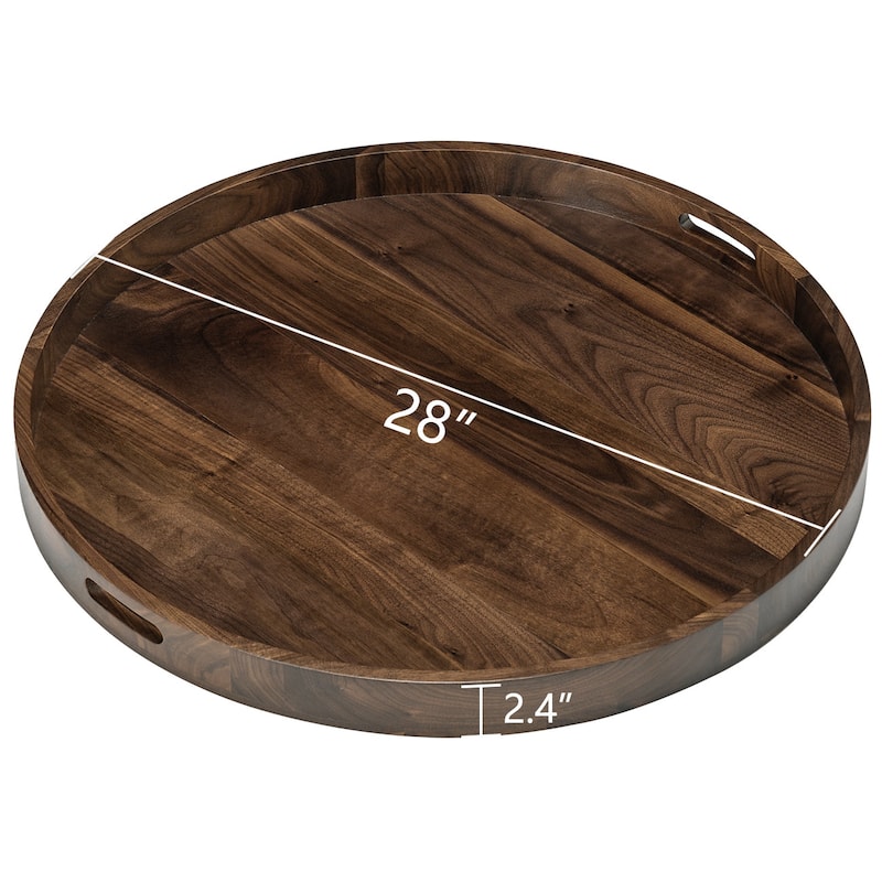 KINWELL Round Black Walnut Wood Serving Tray Ottoman Tray with Handles