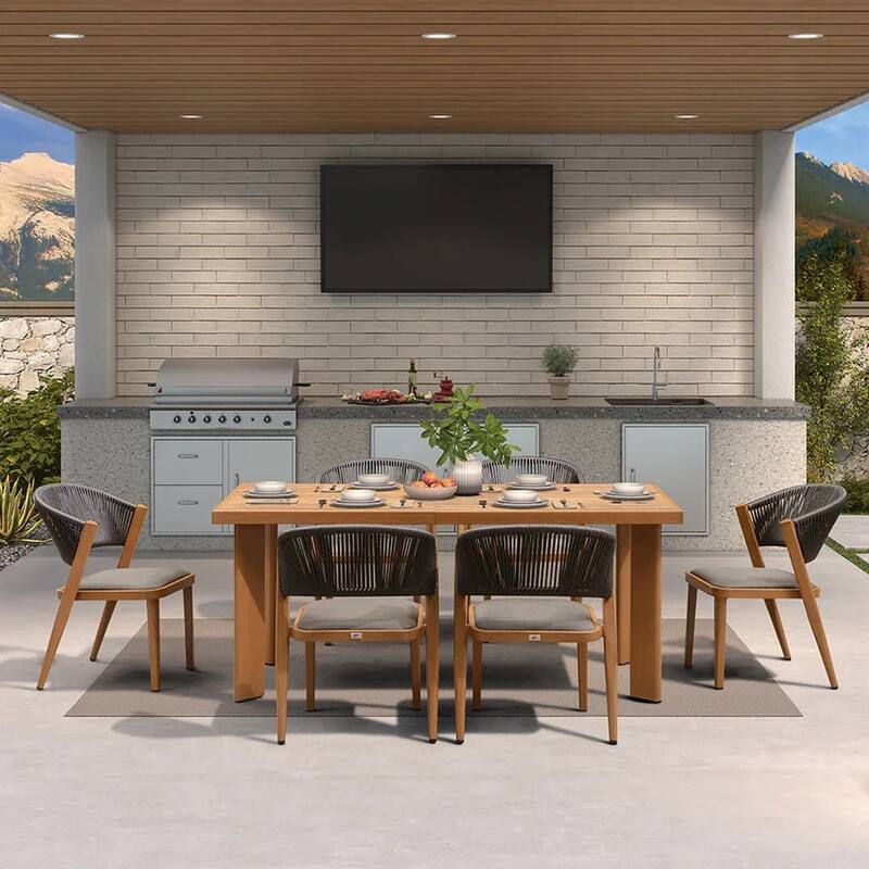 PURPLE LEAF Outdoor Dining Set Teak Aluminum Patio Furniture Set Dining Table And Wicker Chairs