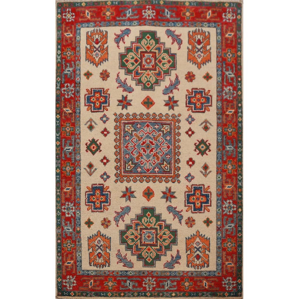 Geometric Kazak Foyer Rug Traditional Beige Handmade Wool Carpet - 2'8"x 4'1"