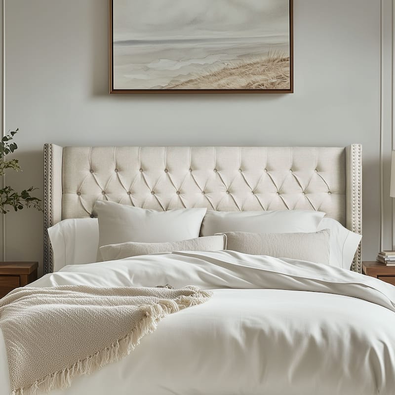Madison Park Baldwin Upholstered Wingback Headboard with Button Tufting & Nailhead Trim