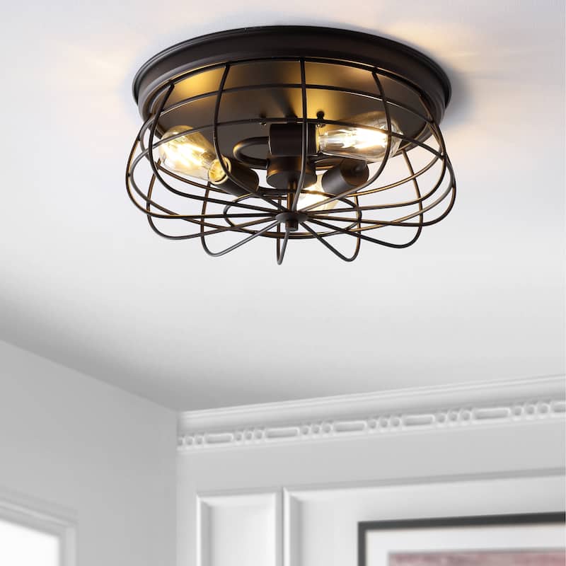 Curva 15.7" 3-Light Farmhouse Metal Cage Flush Mount, Oil Rubbed Bronze by JONATHAN Y