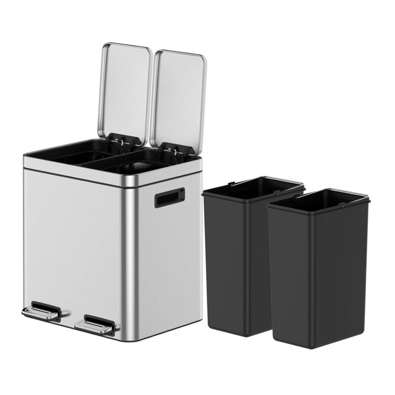 2 x 4 Gal (2 x 15L) Trash Can, Stainless Steel Dual Compartment Step-On Recycling Bin