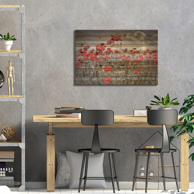 Idyllic Field Of Poppies With Sun Print On Wood by Melanie Viola - Multi-Color