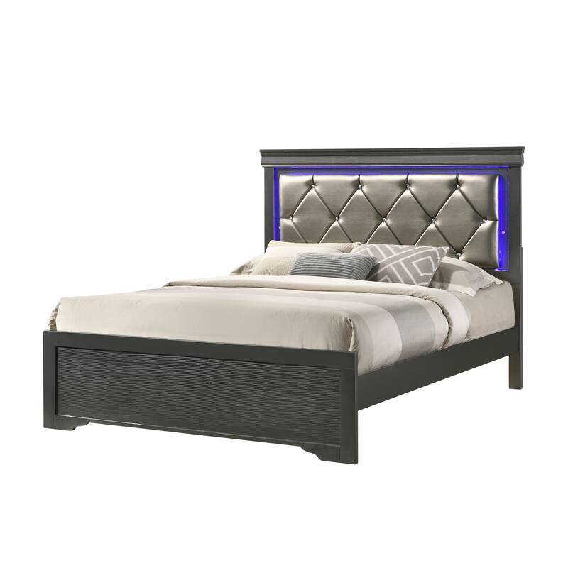 Modern Twin Size LED Bed with Wood Frame in Gray