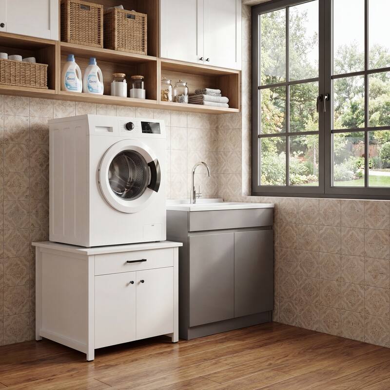 Laundry Cabinet with Drawer and Double Doors, Heavy Duty Washer Stand Storage Cabinet Utility Storage Cabinet