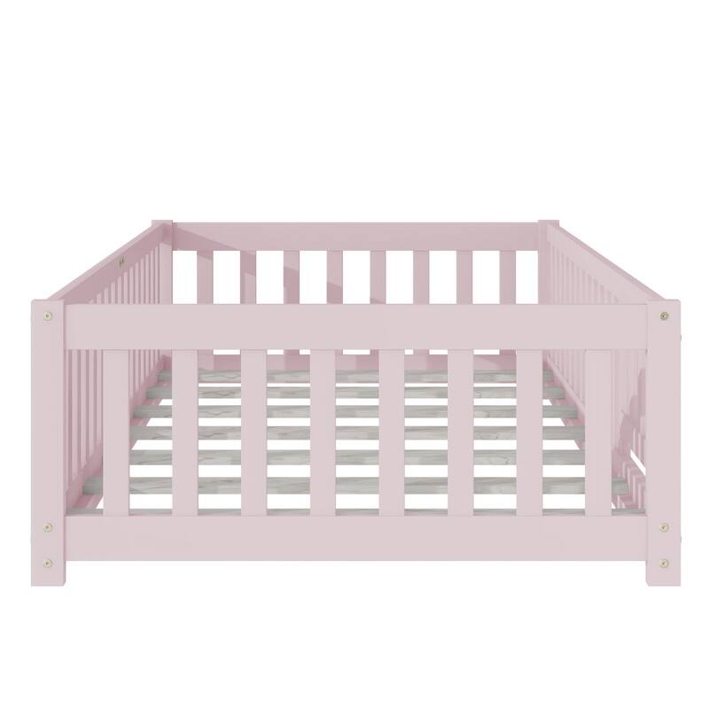 Twin Size Floor Bed with Fence and Door, Safety Guardrails