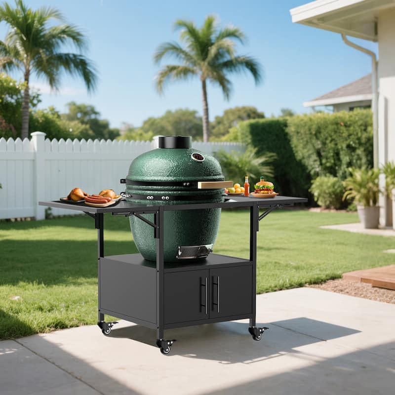 Outdoor Grill Table for Big Green Egg Style BBQ, Metal Grill Cart with 2 Folding Panels, Compatible with up to Large Green Egg