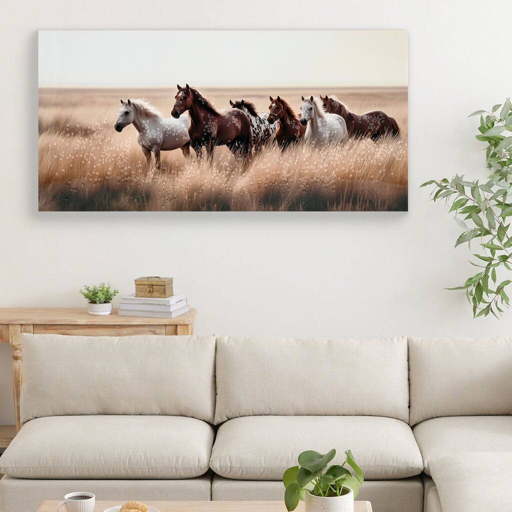 Cozy country Rustic Horses Wall Art Decor, Wild Animals Walking on Empty Grassland Farmhouse Ponies Portrait Painting Artwork
