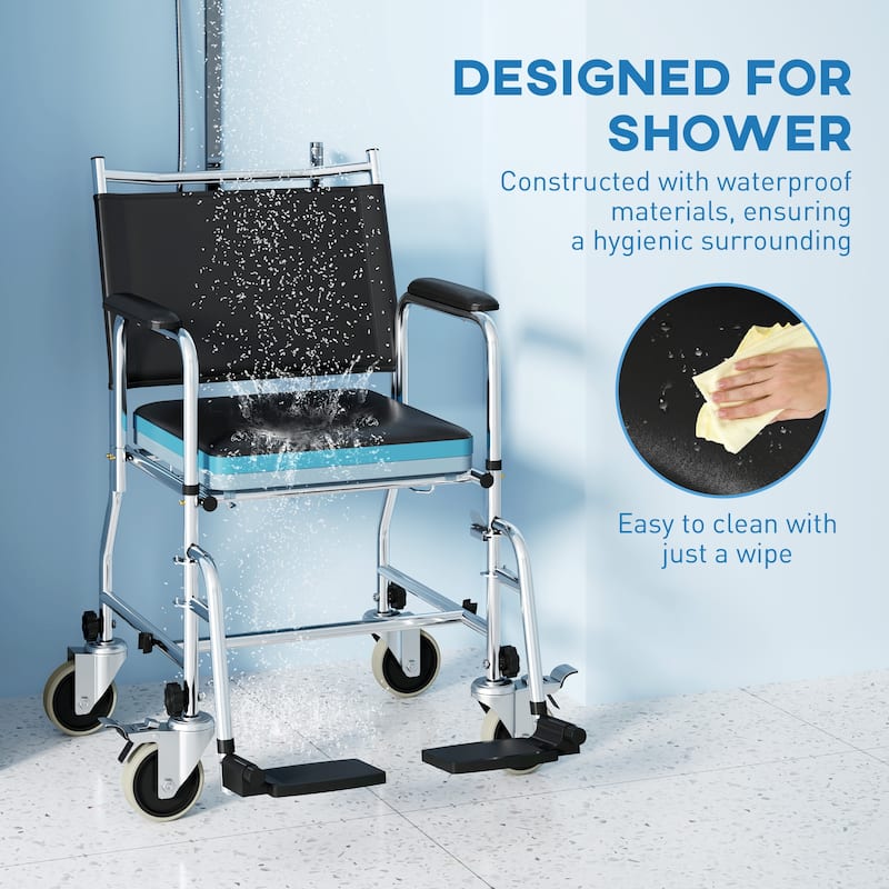 HOMCOM Rolling Shower Chair with Wheels, Bedside Commode Wheelchair with Padded Seat, Backrest, for Handicap