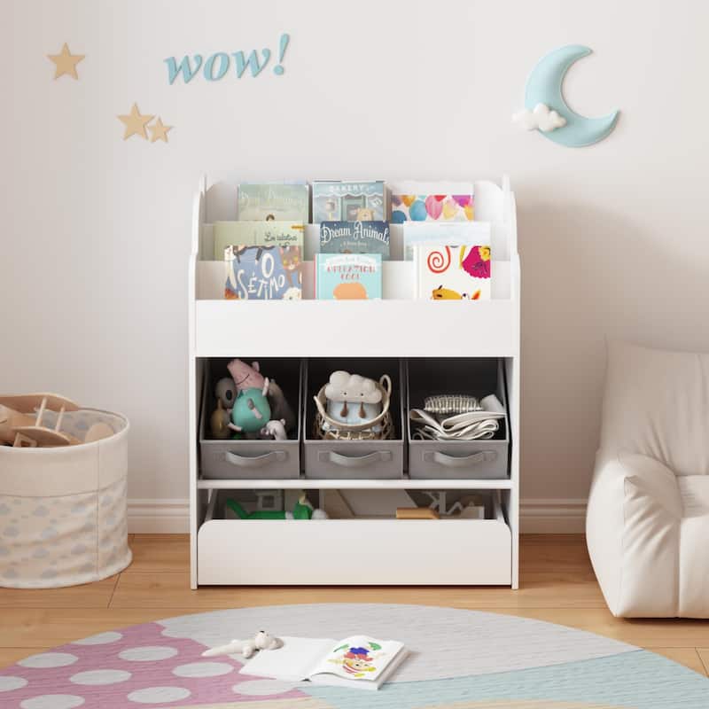Kids Bookshelf with Storage Bins and Drawer,Multi-Functional Wooden Book Organizer for Toddlers,White Bookcase for Toys, Books