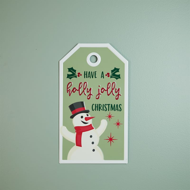 16"Tall Rustic Christmas Snowman Sign with Holly Jolly Quote Green Metal Wall Decor for Holiday - 9.25”L x 0.5”W x 16.25”H