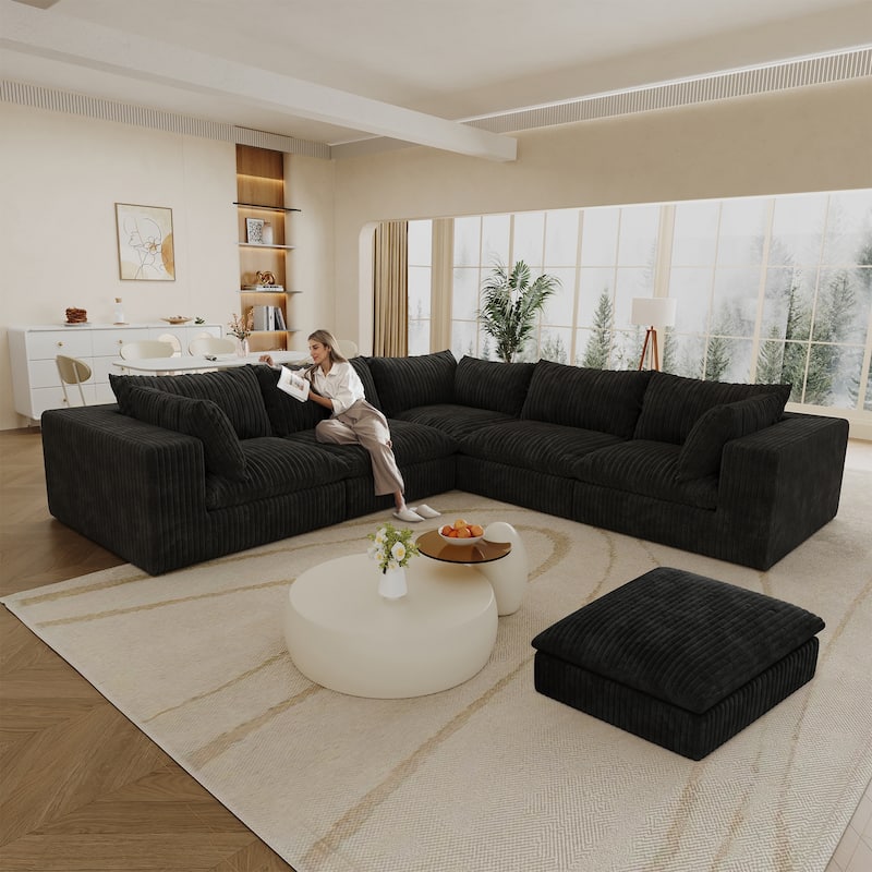 Modular Deep Seat Corner Sofa Corduroy Upholstered L-shaped Sectional Couch with Ottoman and Double-layer Seat Cushions
