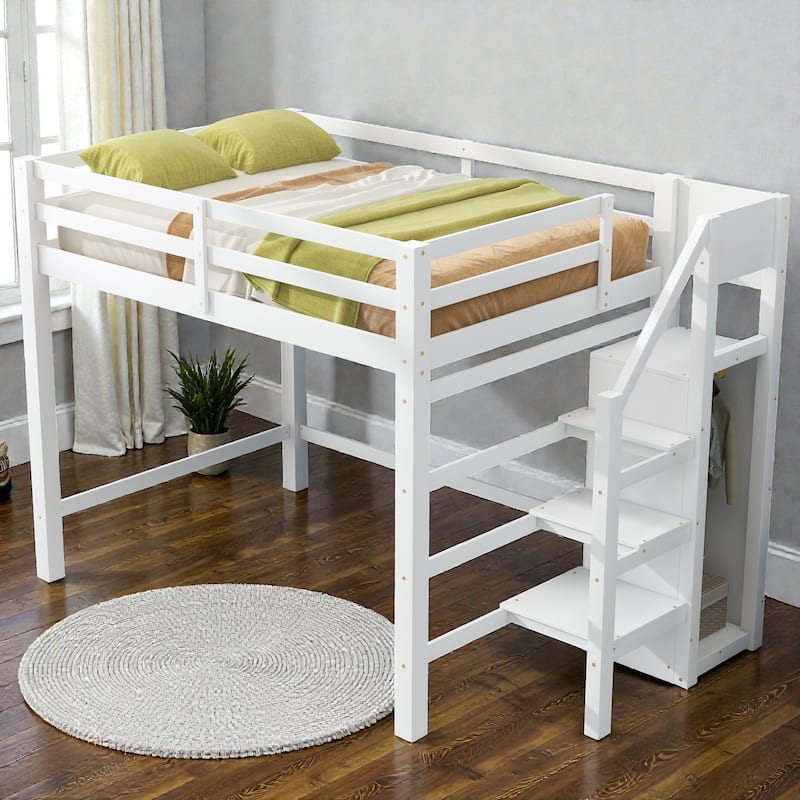 Full Size Loft Bed with Built-in Storage Wardrobe and Staircase, Solid Wood Space-Saving Loft Frame