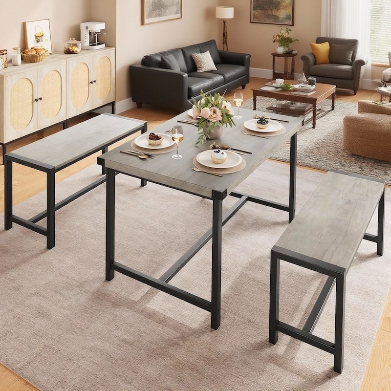 Dining Table Set for 4 with 2 Benches - Grey