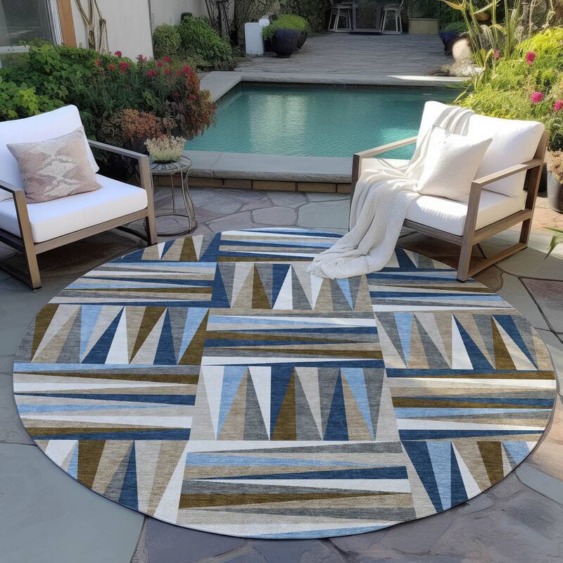 Machine Washable Indoor/ Outdoor Contemporary Mosaic Chantille Rug - Navy - 8' x 8'