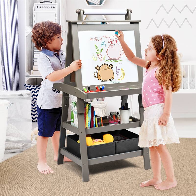 Grey 3-in-1 Kids Art Easel with Double-Sided Blackboard Whiteboard Paper Roll and Storage - 23.5" x 19.5" x 46" (L x W x H)