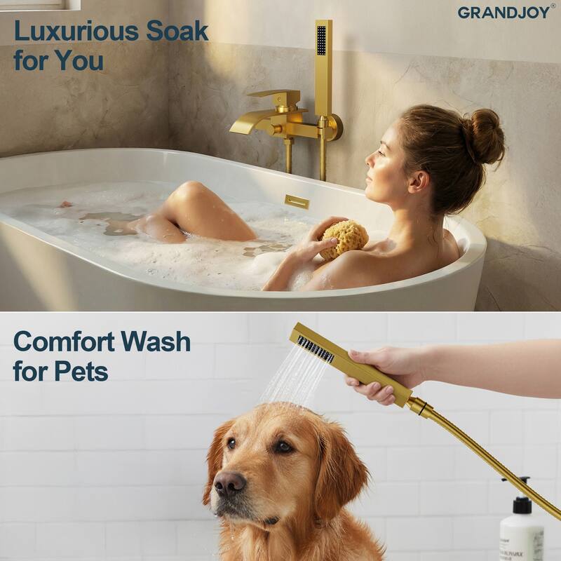 GRANDJOY Wall-mount Waterfall Bathtub Faucet with Handheld Shower