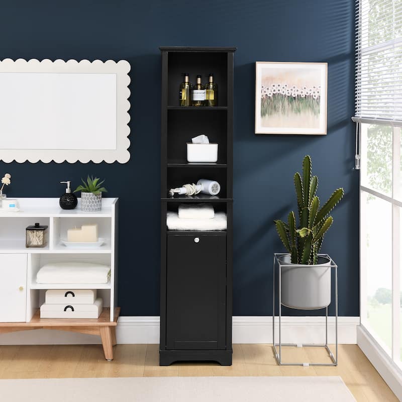 64" Tall Bathroom Floor Standing Storage Cabine with 4 Adjustable Shelves & Laundry Hamper Storage