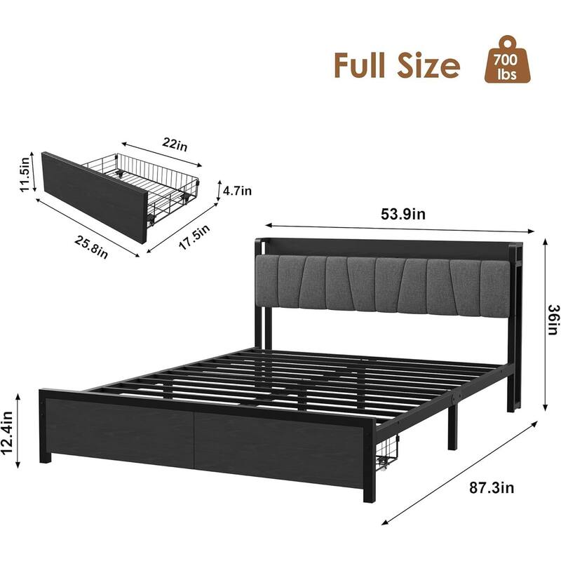 Platform Bed Frame with Charging Station and Functional Storage Headboard