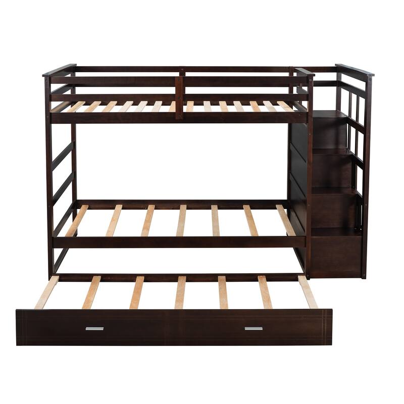 Solid Wood Twin Over Twin Bunk Bed with Trundle and Staircase