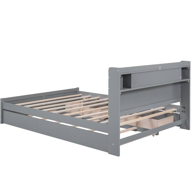 Roomfitters Queen Size Storage Platform Bed with LED Headboard, 2 Drawers and Twin Trundle, Space-Saving
