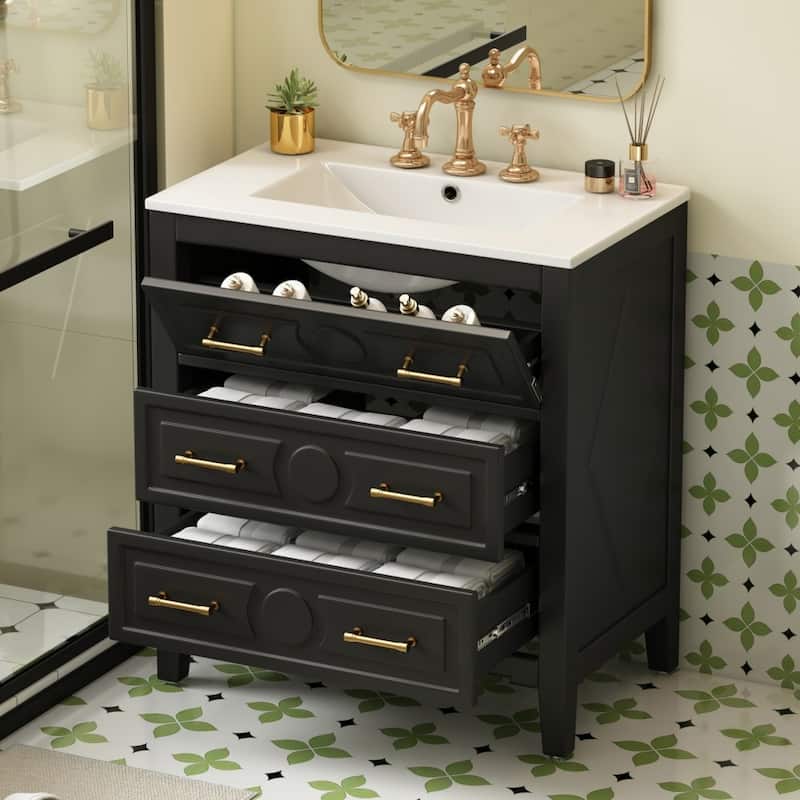 30'' Wooden Bathroom Vanity with Ceramic Sink Combo and Storage Cabinet - Black