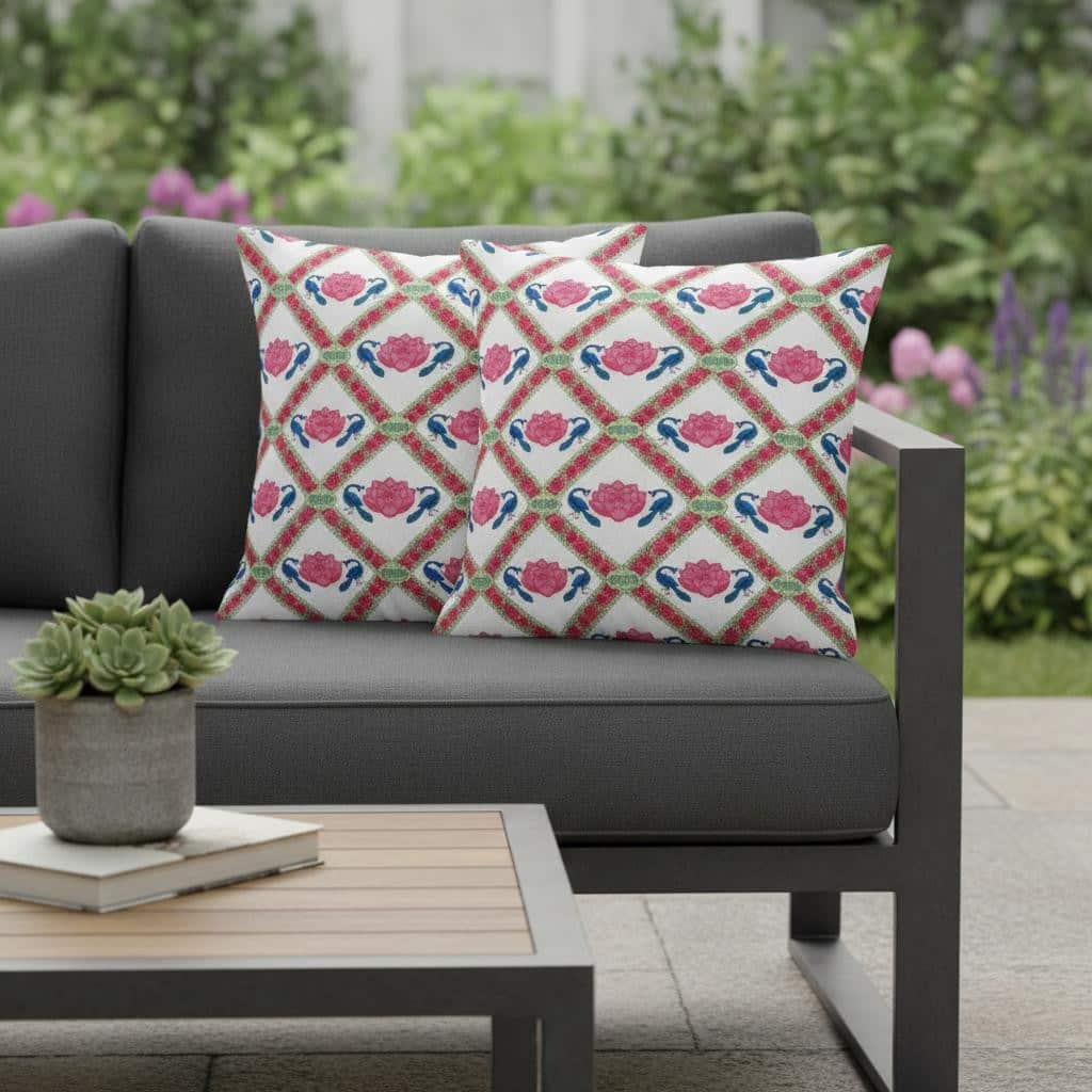 HomeRoots Set of Two 16" X 16" Pink and White Peacock Blown Seam Floral Indoor Outdoor Throw Pillow - 16.00' X '16.00' X '5.00