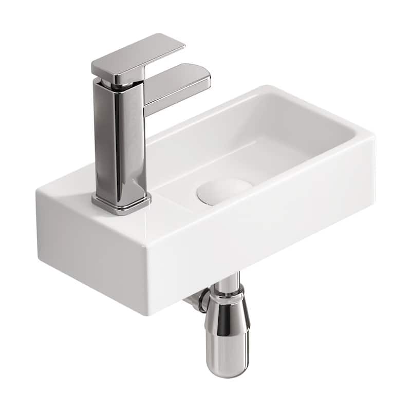 Wall-Mounted Ceramic Bathroom Sink with Silver Color Faucet & Drain
