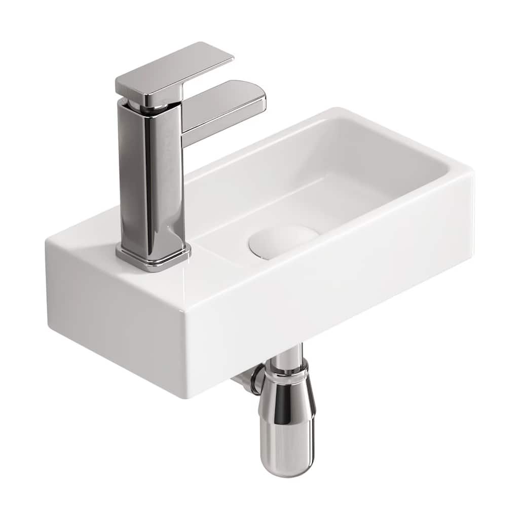 Wall-Mounted Ceramic Bathroom Sink with Silver Color Faucet & Drain