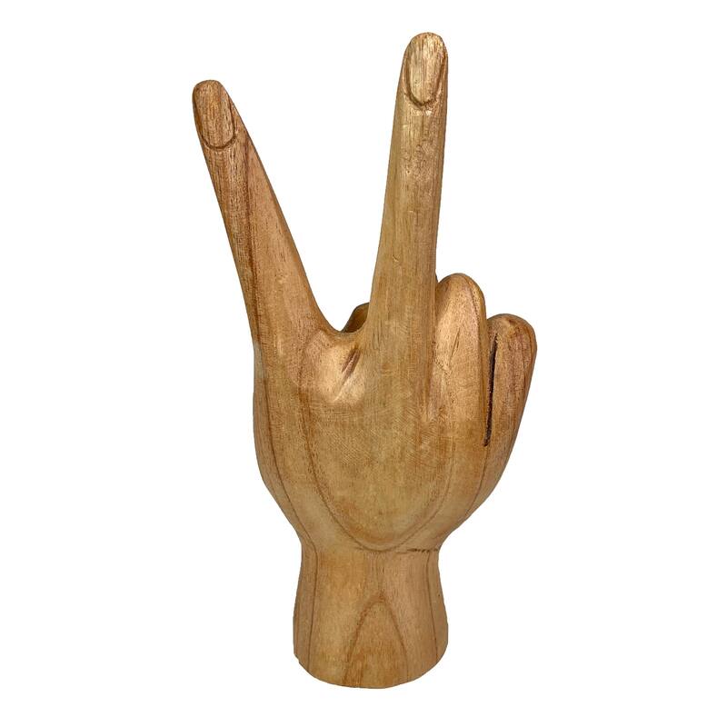 Zeckos Carved Wood Peace Sign Hand Gesture Statue - 7.75 X 3 X 2 inches