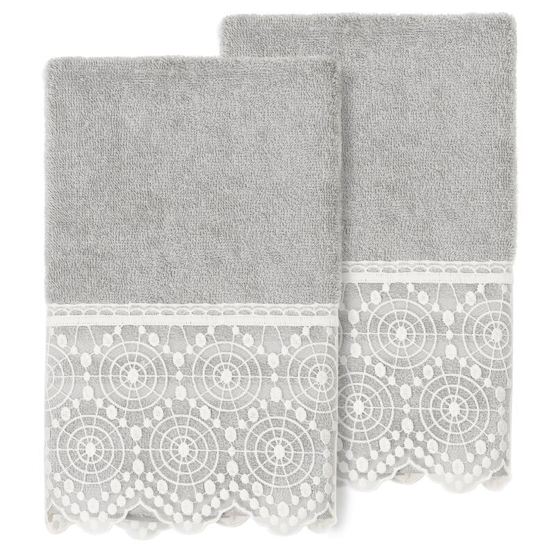Authentic Hotel and Spa 100% Turkish Cotton Arian 2PC Cream Lace Embellished Hand Towel Set - Light Gray