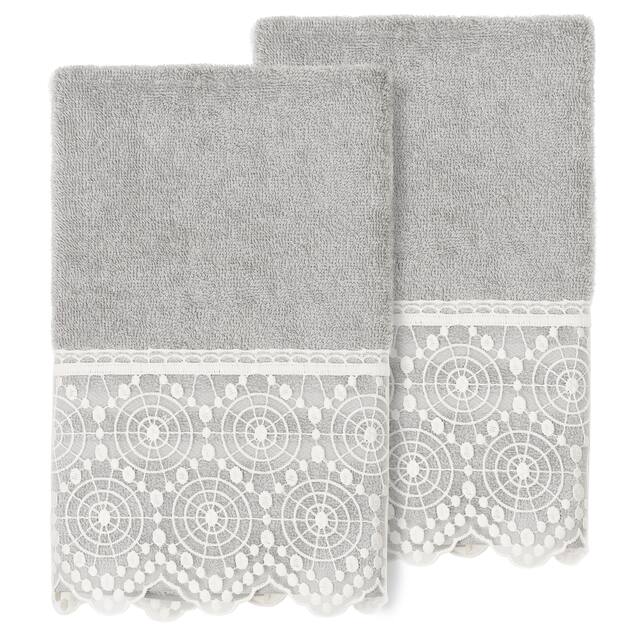 Authentic Hotel and Spa 100% Turkish Cotton Arian 2PC Cream Lace Embellished Hand Towel Set - Light Gray