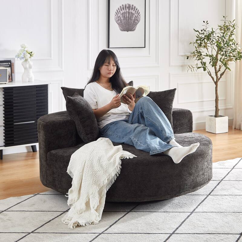 360 Degree Swivel Sofa Chair with Backrest Pillow for Livingroom 55'' Chenille Single Sofa, Round Fluffy Sleeper Sofa