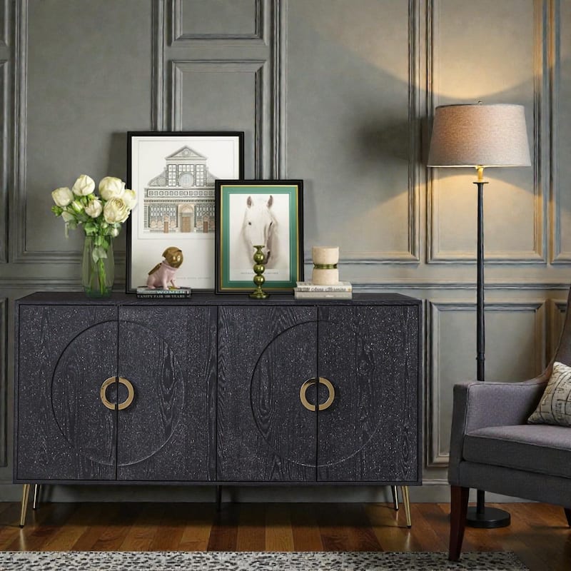 Modern Lacquered Sideboard Buffet Cabinet with 4 Doors, Distressed Wood Storage Cabinet with Adjustable Shelves