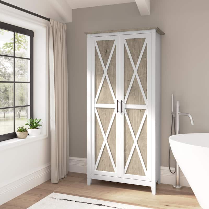 Key West Tall Bathroom Cabinet with Doors & Shelves by Bush Furniture - Shiplap Gray/Pure White