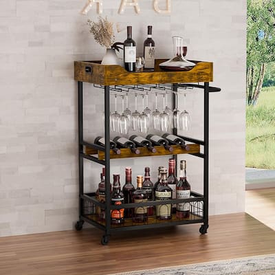 Industrial Bar Cart with Storage and Glass Holder, Removable Wood Tray