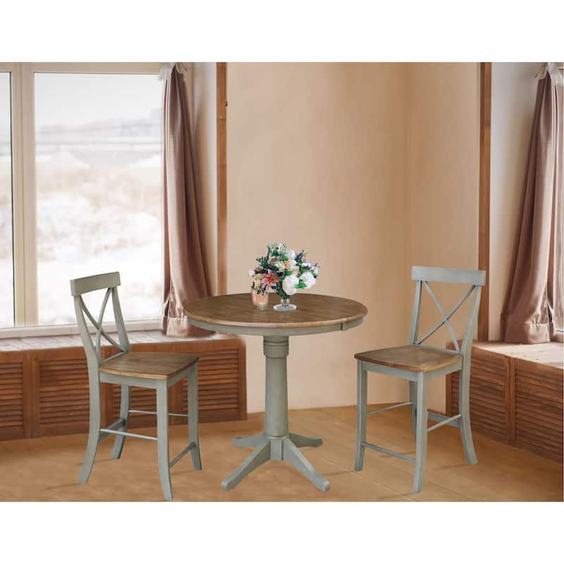 36" Round Extension Dining Table With 2 X-Back Counter Height Stools - Set of 3 Pieces