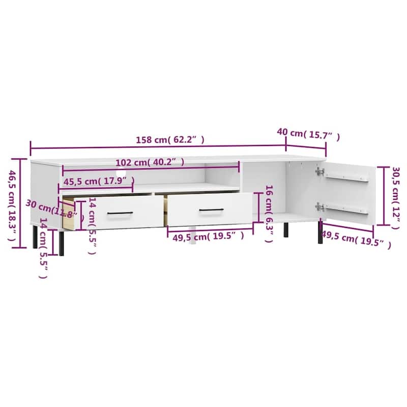vidaXL TV Stand TV Console TV Console with Metal Legs Solid Wood Pine OSLO - 62.2" x 15.7" x 18.3"