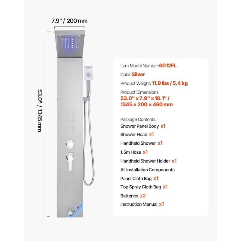 Silver Stainless Steel 5-in-1 Shower Panel with LED Lights, Rainfall and Handheld - 53.0x 7.9x 18.1 inch