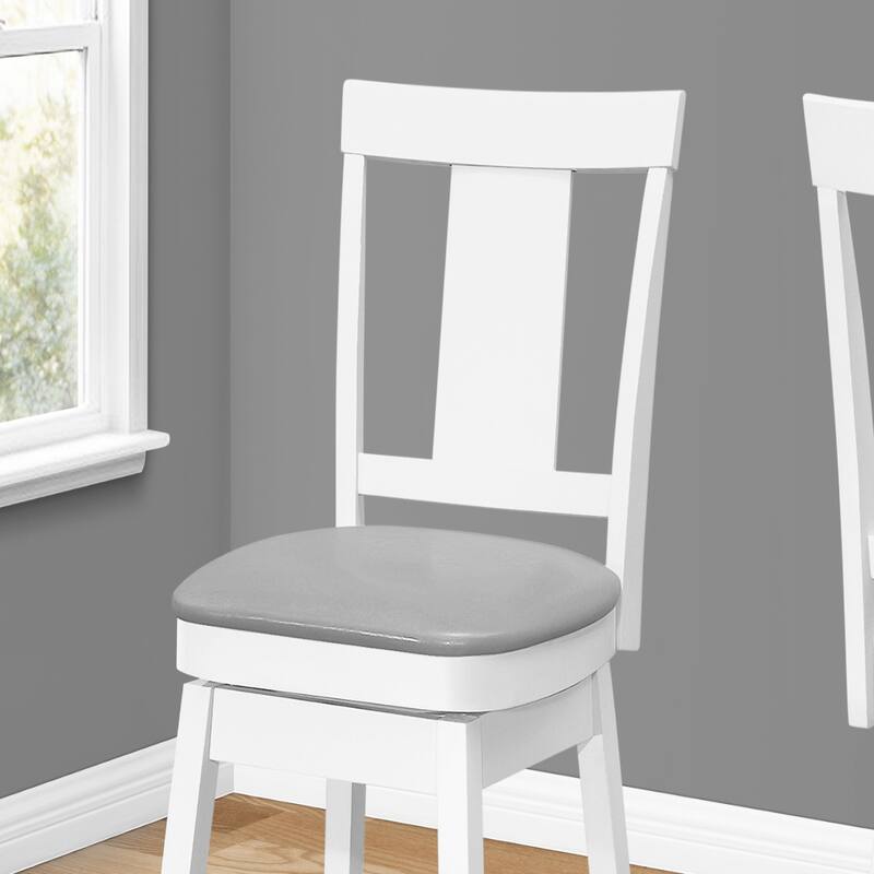 Set of 2 Contemporary White Wood Swivel Bar Chairs with Grey Faux Leather Full Back Bucket Seats - 39.25”H x 19.75”W x 20.25”D