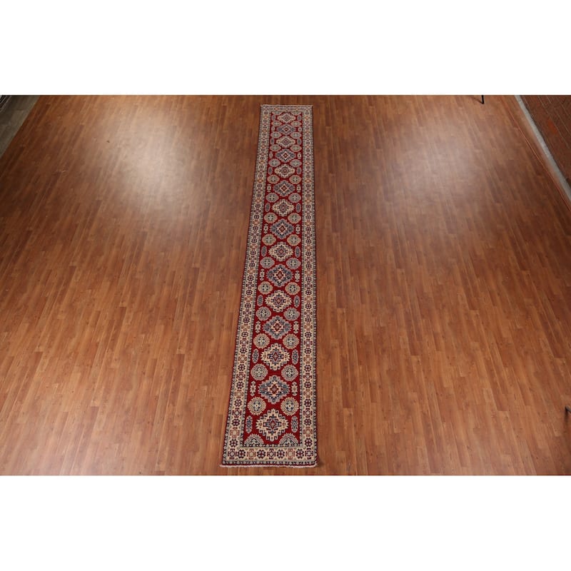 Red Kazak Runner Rug Handmade Wool Carpet - 2'6" x 16'3"