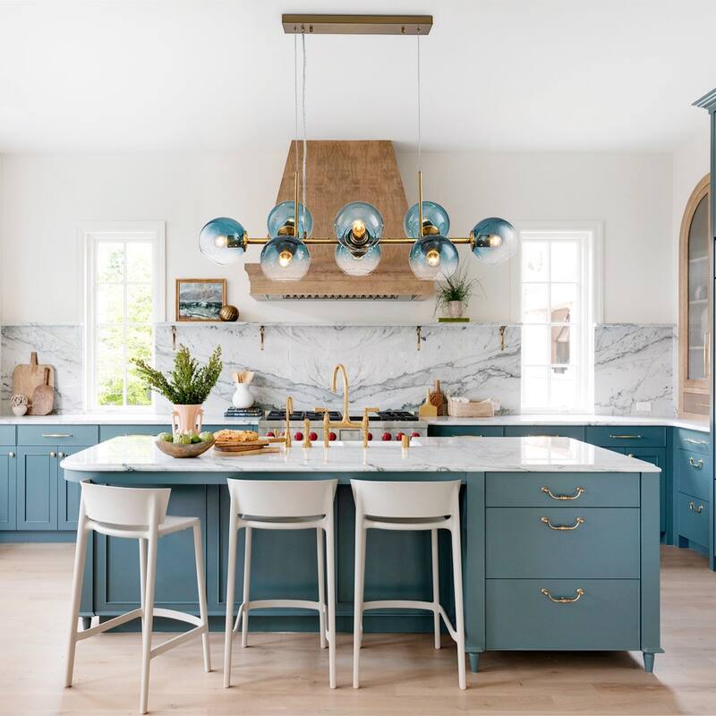 Modern 8-Light Glass Globe Linear Sputnik Island Chandelier Semi Flush